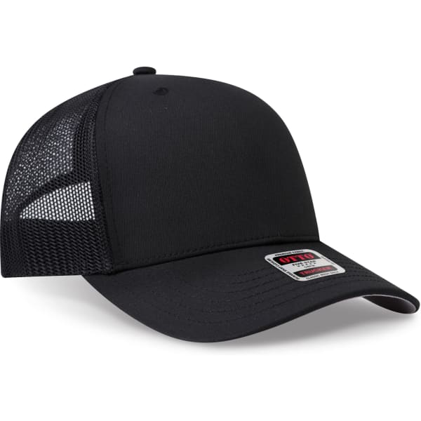 A black mid-profile trucker hat with a mesh back and a branded patch on the front.