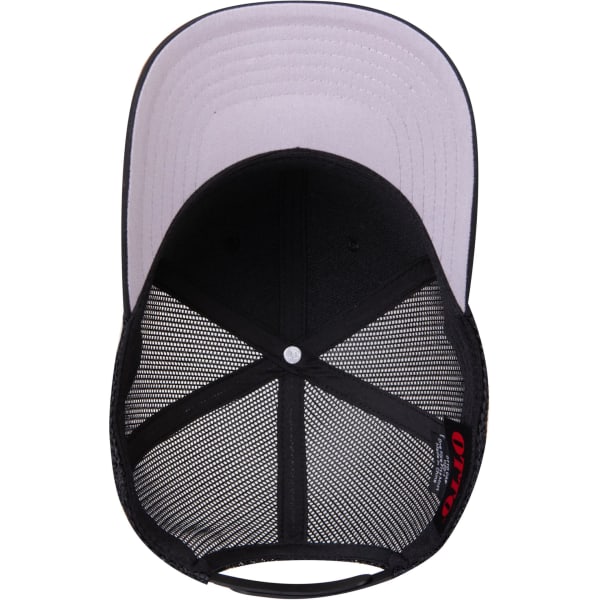 A black mid-profile trucker cap with a mesh back and a grey underside of the brim, featuring a logo.