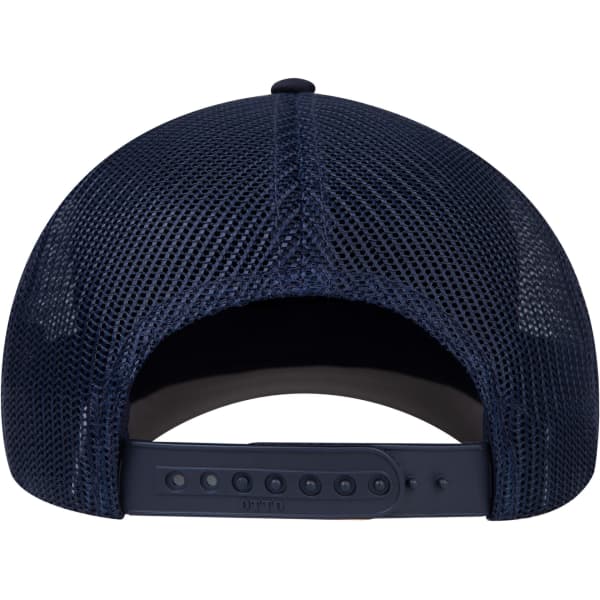 A dark navy trucker cap featuring a mesh back and adjustable strap. The interior is visible, showcasing a black lining.