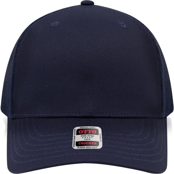 A navy blue mid-profile trucker cap with a seamless six-panel design and a mesh back. It features a logo on the front.