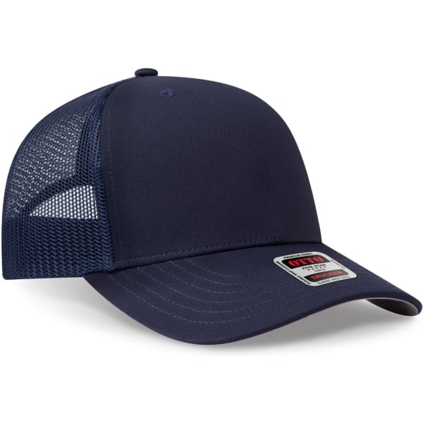 A navy blue trucker cap with a mid-profile design and a mesh back, featuring a logo on the front.