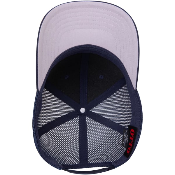 An inside view of a navy blue and light grey trucker cap featuring a mesh back and a branded label.