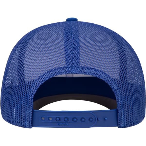 A blue mid-profile trucker hat featuring a mesh back and an adjustable strap.