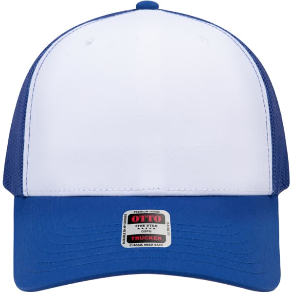 A white and blue mid-profile mesh back trucker cap with a logo on the front and a flat brim.