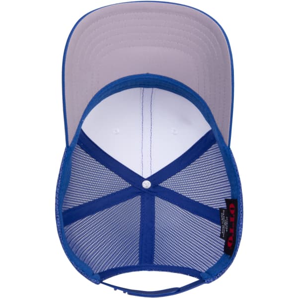 A blue trucker hat featuring a mid-profile design with a mesh back. It has an interior lining and a branded tag.