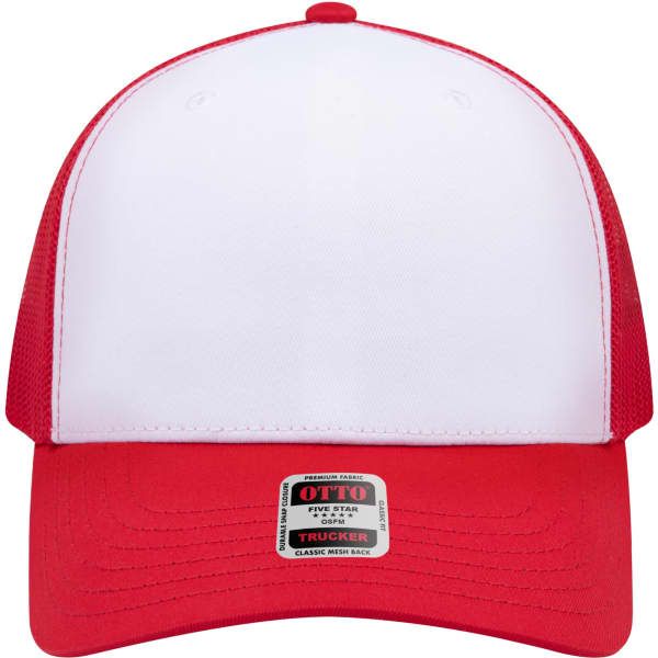 A red and white trucker cap featuring a mesh back and a branded label on the front.