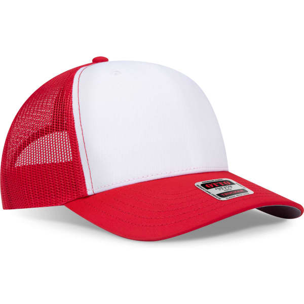 A red and white trucker cap with a mesh back and a branded patch on the front.