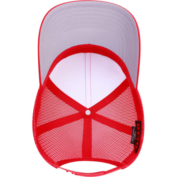 A red mid-profile trucker cap with a grey visor and mesh back, featuring a logo.