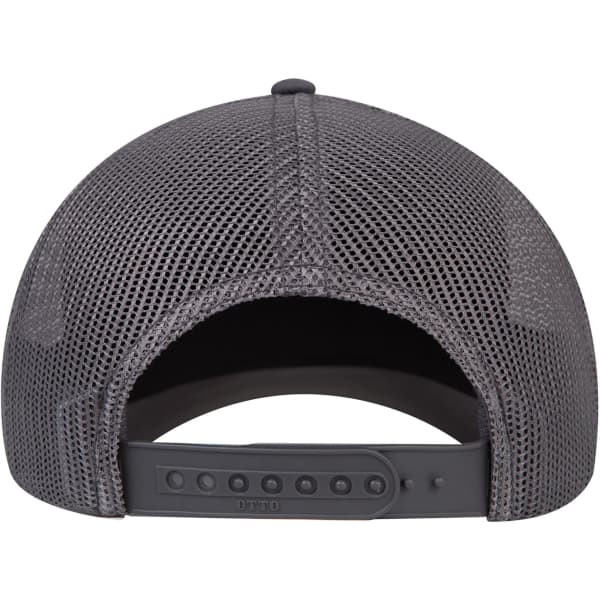 A grey mesh back trucker cap featuring a seamless six-panel design and an adjustable strap.