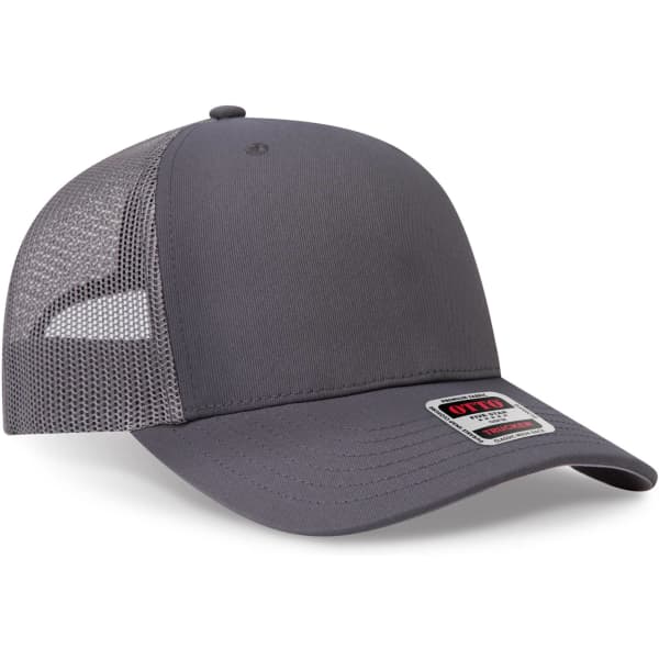 A grey mid-profile trucker cap with a seamless design and mesh backing, featuring a logo on the side.