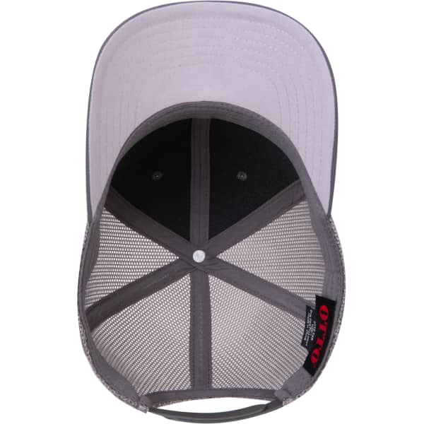 A grey trucker cap with a mid-profile design and a mesh back, featuring a branded label inside.