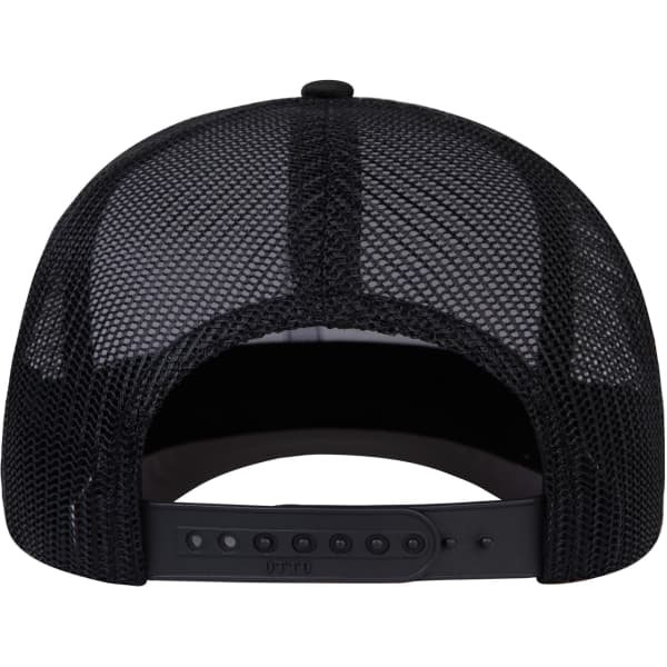A black trucker cap featuring a mesh back and an adjustable snap closure. The interior is designed for comfort.