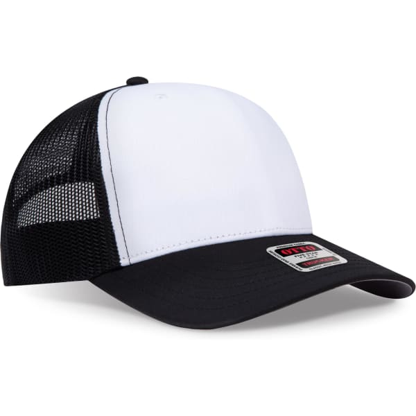 A white and black trucker cap with a mesh back and a logo on the front.
