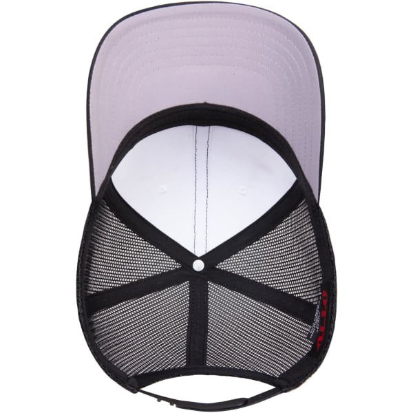 A black and grey trucker cap with a mid-profile design and mesh back, featuring a logo on the inside.