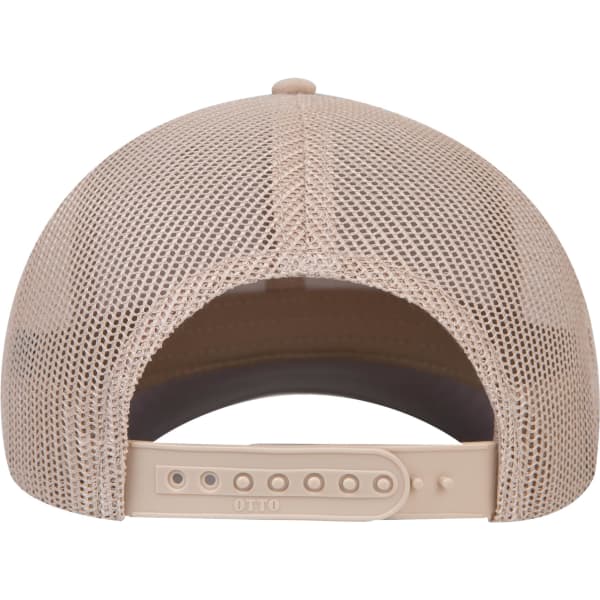 A beige trucker cap featuring a mesh back and adjustable strap, with a visible logo.