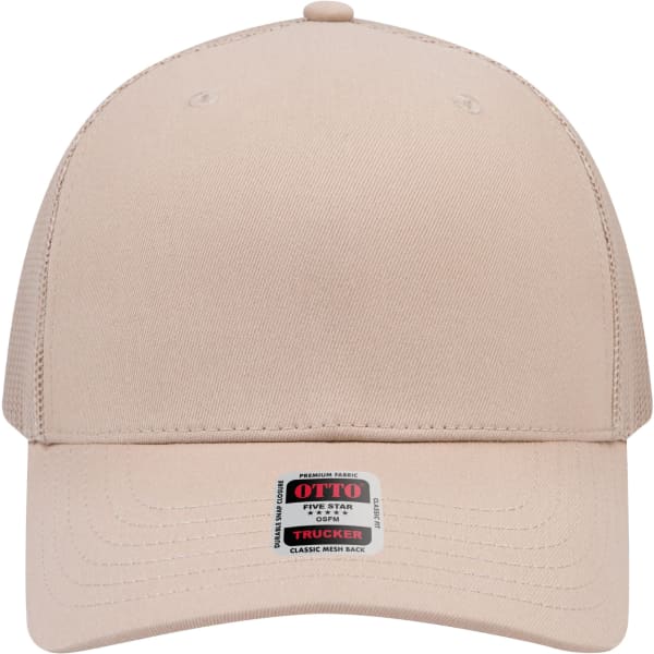 A beige seamless 6 panel mid profile mesh back trucker cap with a logo on the front.