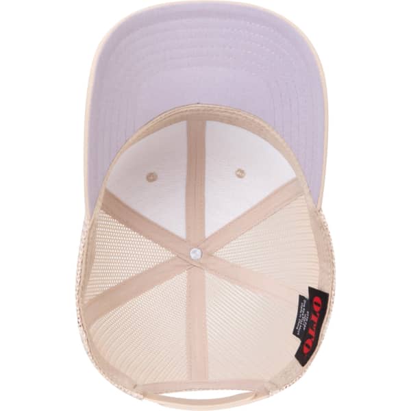 A beige seamless trucker hat with a mid-profile design and a mesh back, featuring an interior view.