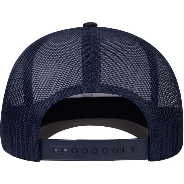 A navy blue trucker cap featuring a mesh back and adjustable strap. The interior shows a smooth lining.