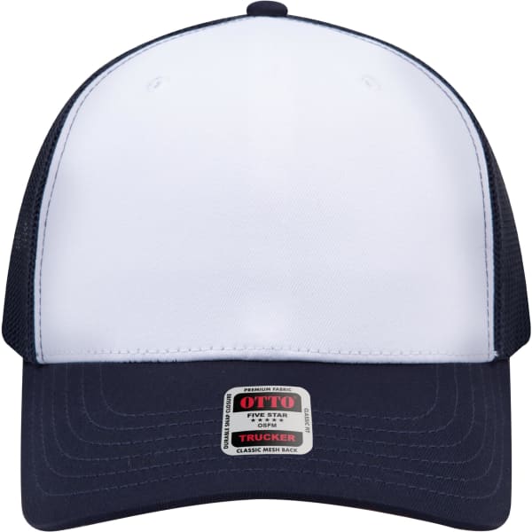 A white and navy blue trucker cap with a mesh back and a logo on the front.