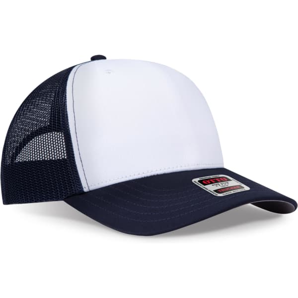 A white and navy blue trucker cap with a mesh back and a branding logo on the side.