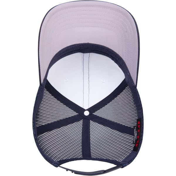 A navy blue seamless six-panel cap featuring a mid-profile design and a mesh back, with an interior view.