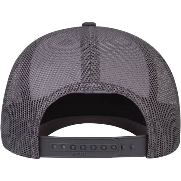 A grey mesh back trucker cap featuring a mid-profile and an adjustable strap at the back.