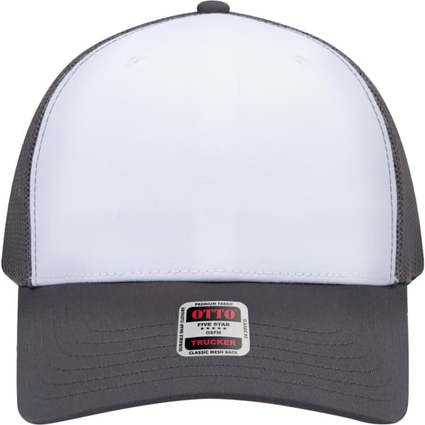 A grey and white trucker cap with a mid-profile design and a mesh back. It features a logo on the front.