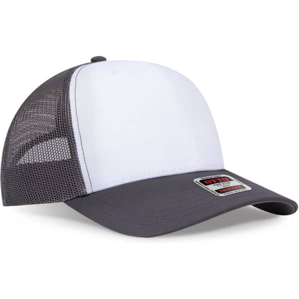 A mid-profile trucker cap featuring a white front, grey brim, and mesh back, with a logo on the front.