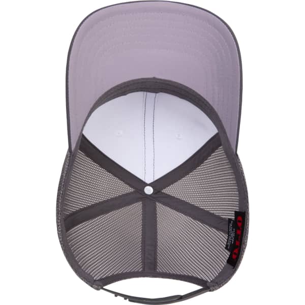 A grey and white trucker cap with a mesh back and a structured brim, featuring an inner label and branding.