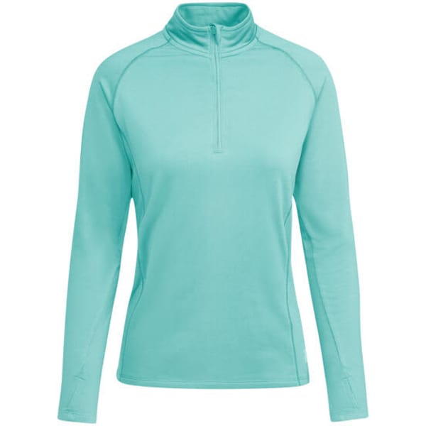 A mint green women's sweatshirt with a quarter zip and long sleeves, featuring a logo on the chest.