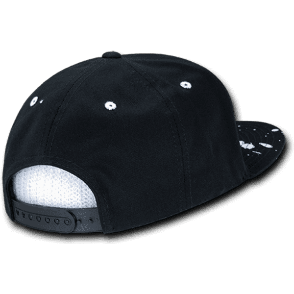 A black 6 panel high profile structured snapback cap featuring a solid back and a branded logo.