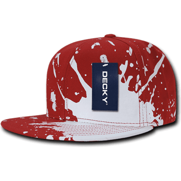 A red and white splatter snapback cap with a logo on the front panel.