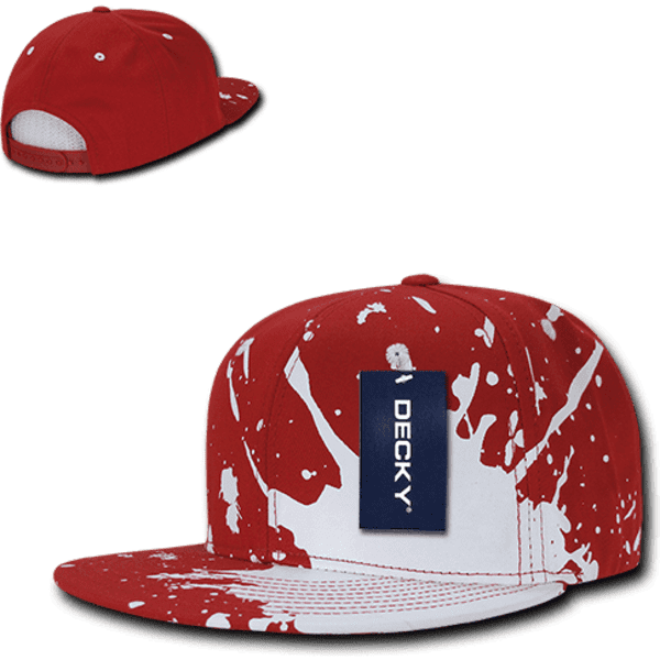 A structured snapback cap in red with a splatter design and a logo. Features a high profile and a contrasting white underbrim.