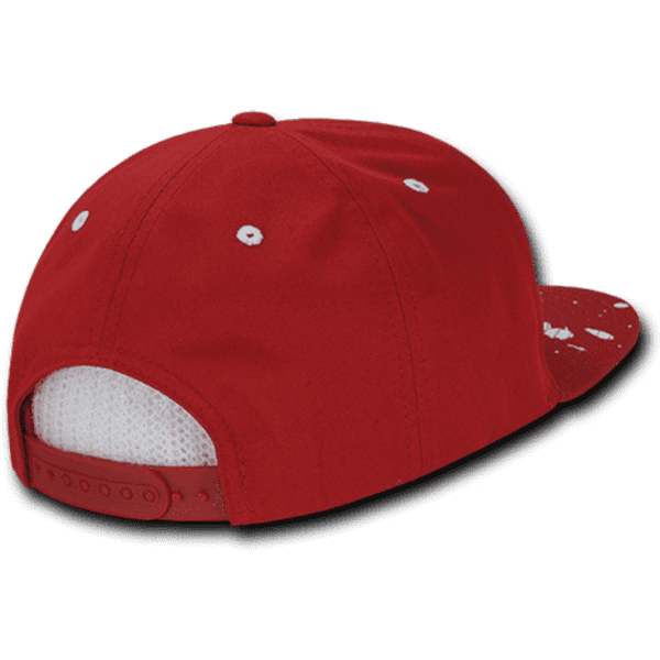 A red structured snapback cap featuring a mesh back and a button on top. It includes a logo.