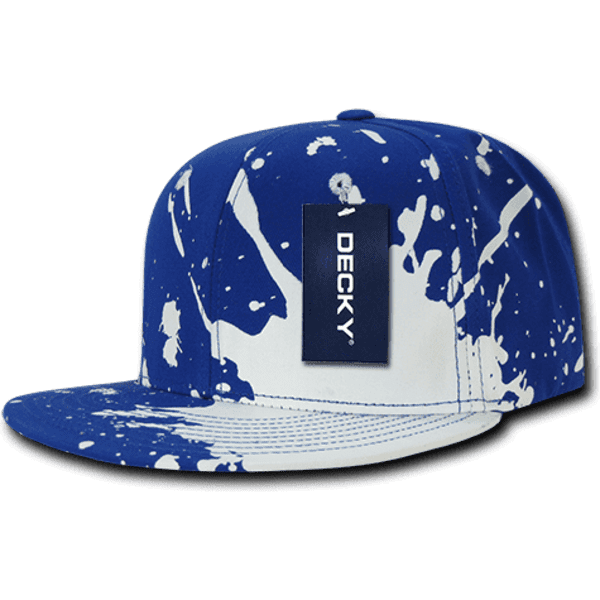 A blue and white splattered snapback cap with a logo on the front.