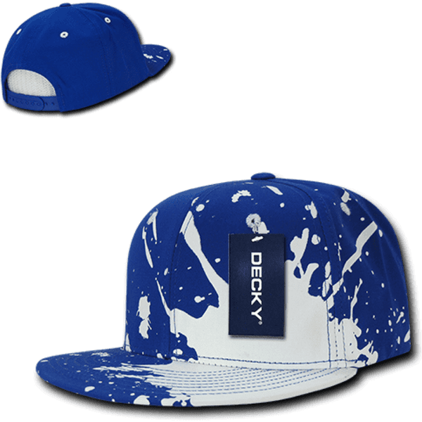 A blue and white 6-panel high profile snapback cap with a logo and a splatter design.
