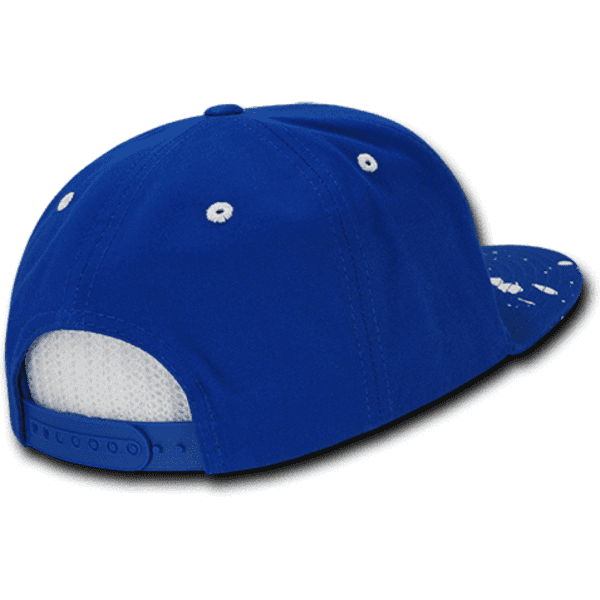 A blue snapback cap with a high-profile structured design and a mesh back, featuring a logo.