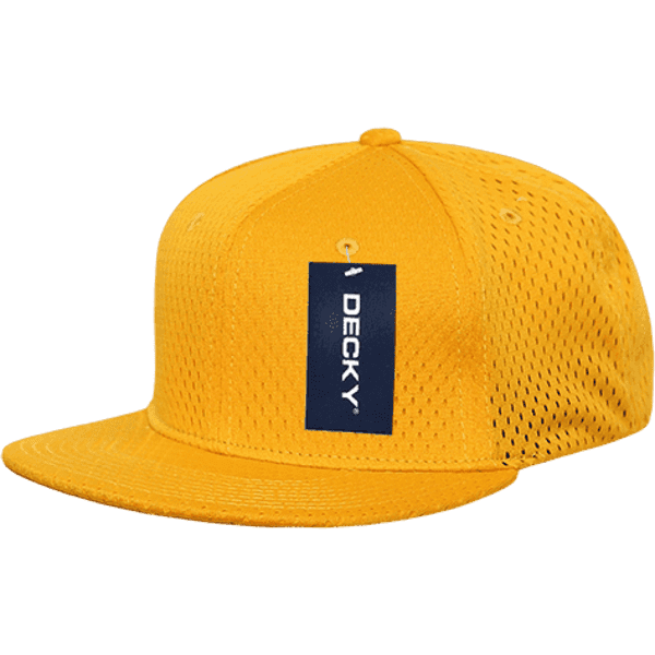 A yellow mesh jersey flat bill snapback cap featuring a logo on the front panel.