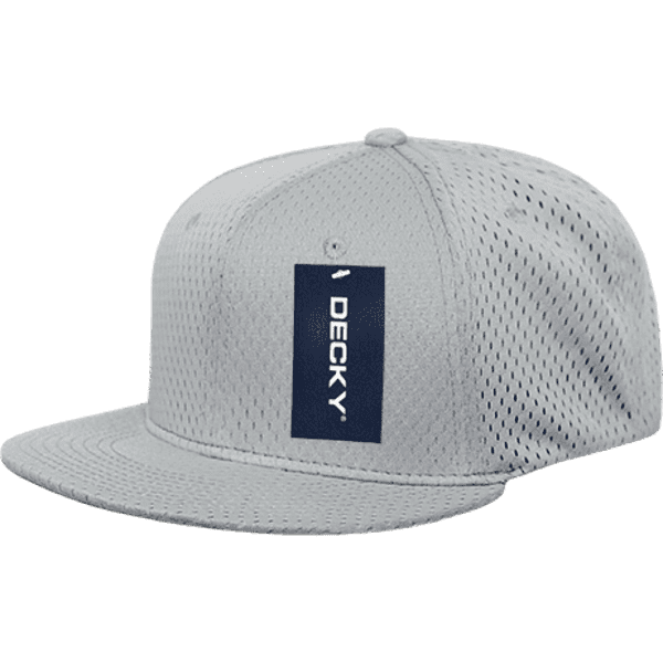 A grey mesh jersey flat bill snapback cap with a tag and a logo.