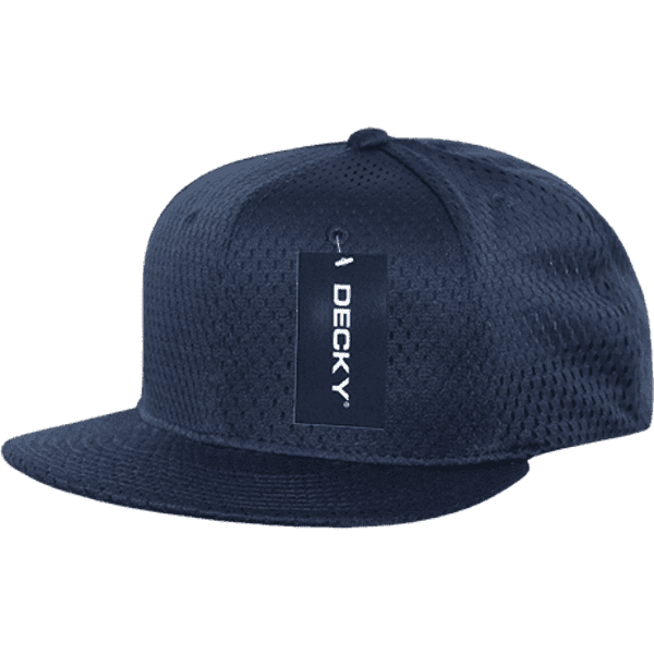 A navy blue mesh jersey flat bill snapback cap with a branded tag attached.