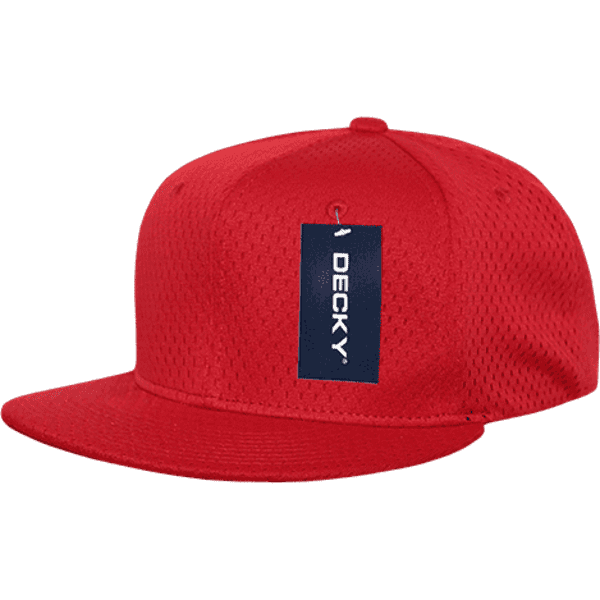 A red mesh jersey flat bill snapback cap with a tag attached, featuring a logo.