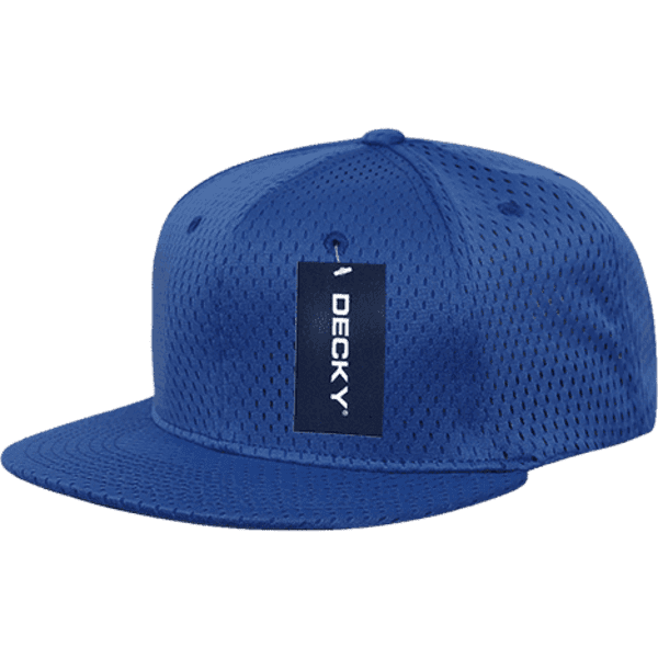A blue mesh jersey flat bill snapback cap with a tag and a logo on the front.