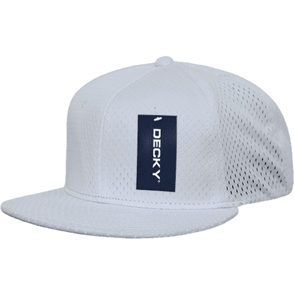 A white mesh jersey flat bill snapback cap with a branded tag attached.