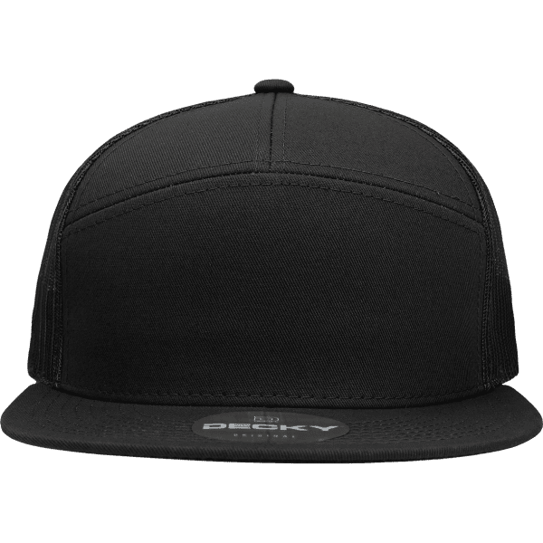 A black 7 panel high profile structured trucker cap with a flat brim and a logo on the front.