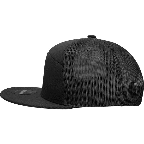 A black 7 panel high profile structured trucker cap featuring a mesh back and a curved brim.