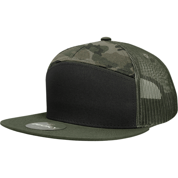 A green and camouflage trucker cap with a flat peak and mesh back, featuring a logo on the front.
