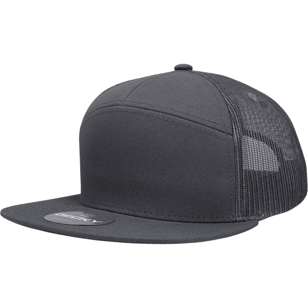 A grey trucker cap with a flat brim and mesh panels, featuring a logo on the front.