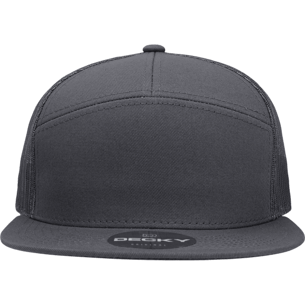 A grey, high-profile structured trucker cap with a flat brim and a logo on the front.