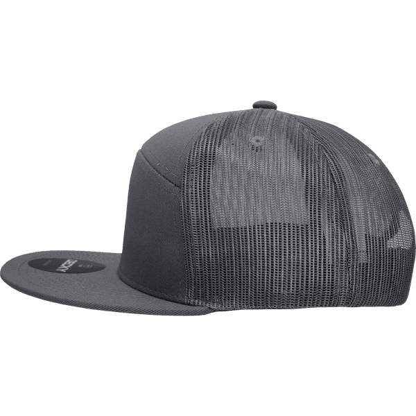 A grey 7 Panel High Profile Structured Trucker cap with a mesh back and a branding logo.