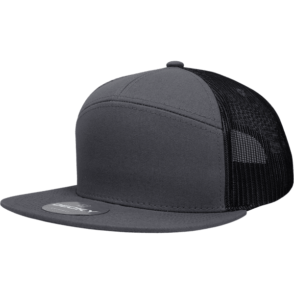 A grey trucker cap with a solid front and mesh back, featuring a logo on the brim.